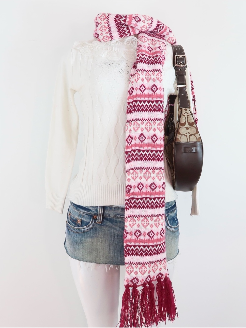 Women’s Pink Patterned Knit Scarf - Unbranded